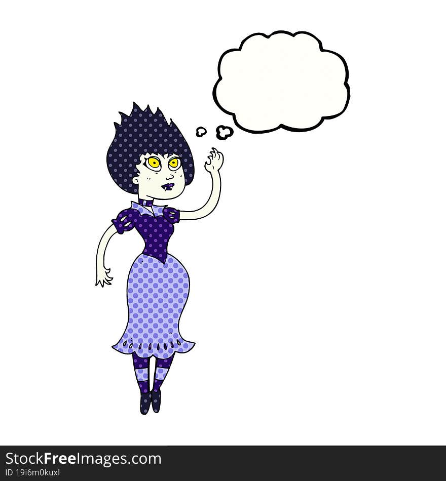 freehand drawn thought bubble cartoon vampire girl waving