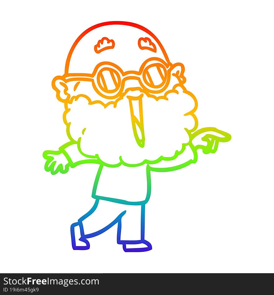 rainbow gradient line drawing of a cartoon joyful man with beard pointing finger