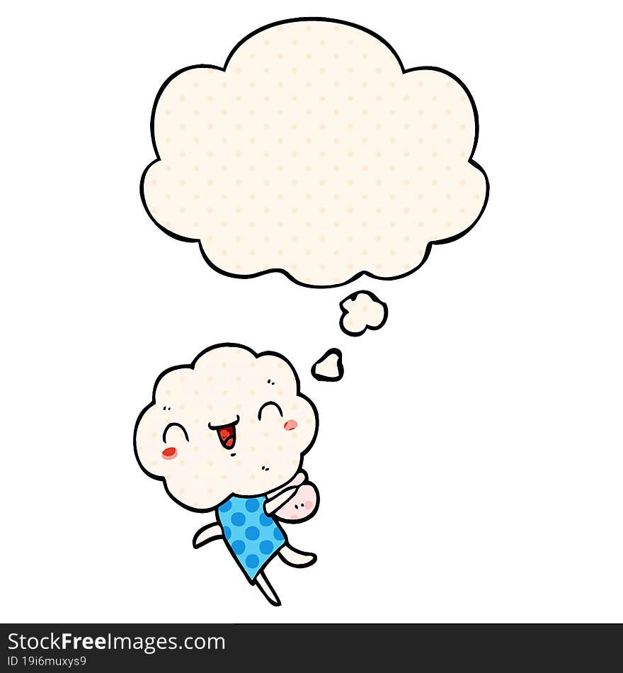 cute cartoon cloud head creature with thought bubble in comic book style