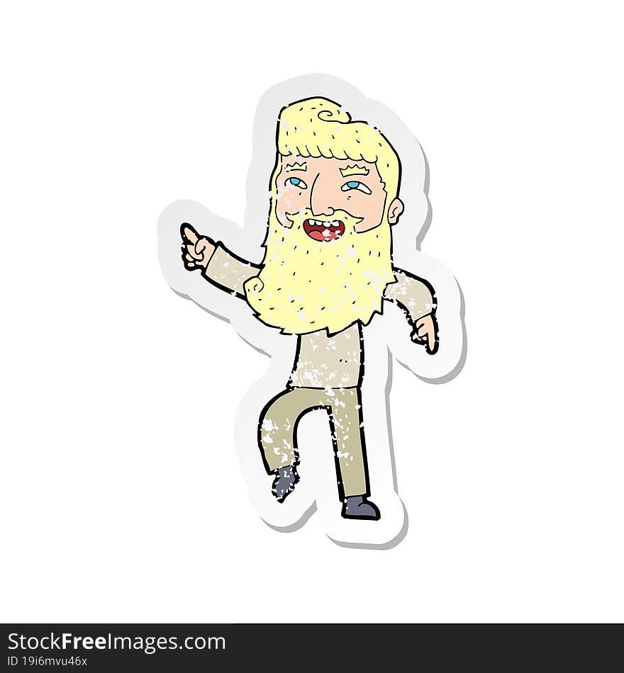 retro distressed sticker of a cartoon man with beard laughing and pointing