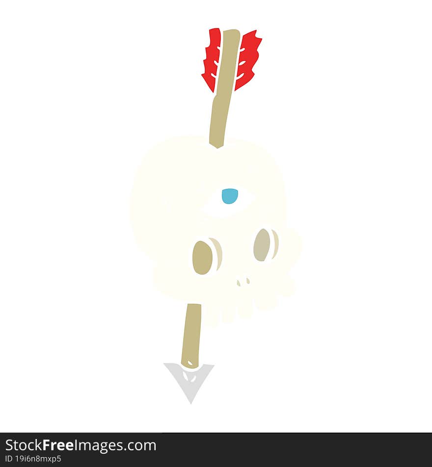 flat color illustration of a cartoon magic skull with arrow through brain