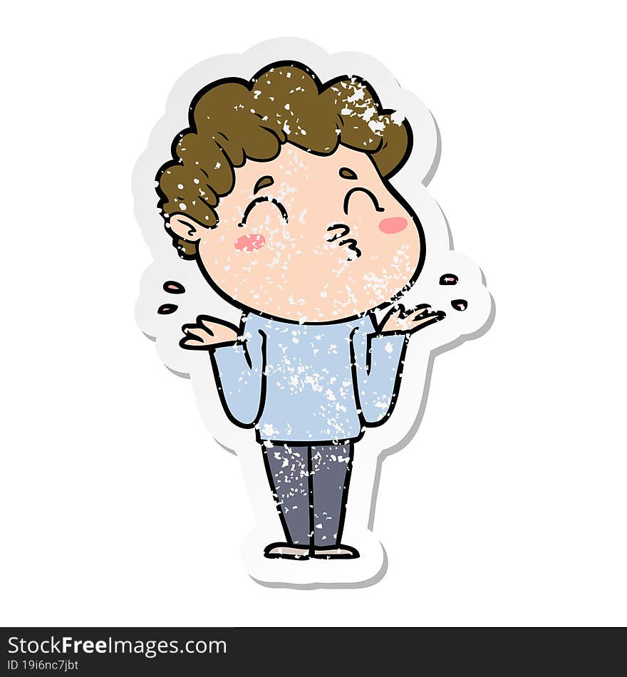 distressed sticker of a cartoon man shrugging