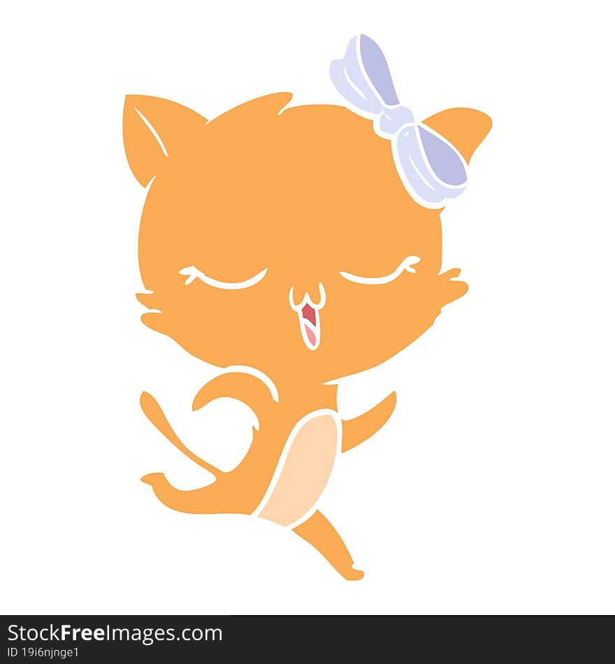 flat color style cartoon cat with bow on head