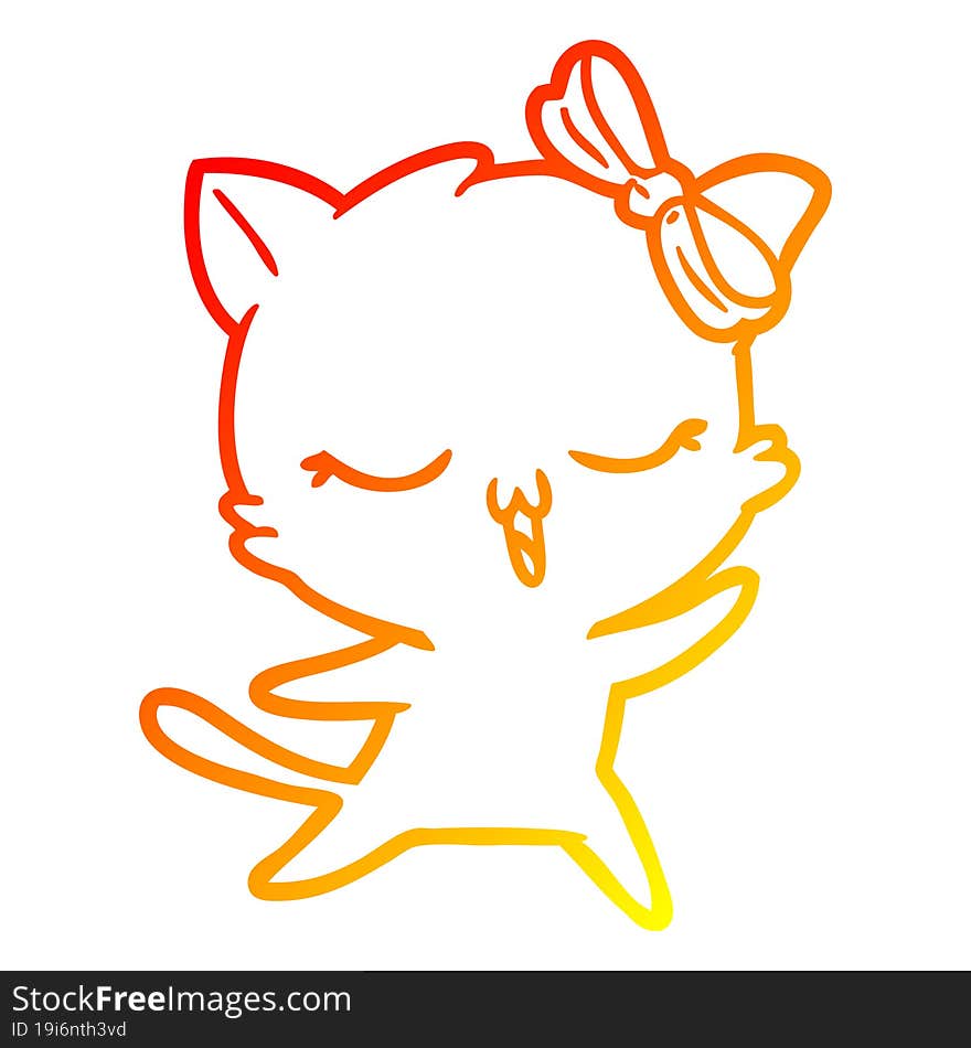 Warm Gradient Line Drawing Cartoon Dancing Cat With Bow On Head