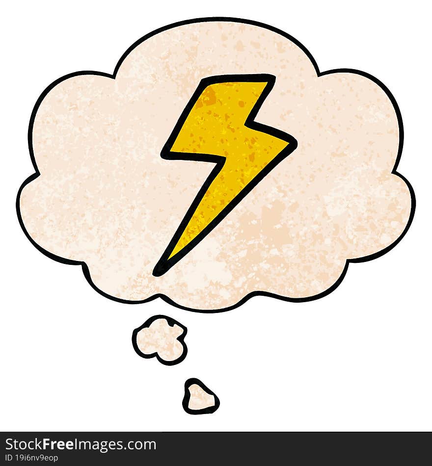 cartoon lightning bolt with thought bubble in grunge texture style. cartoon lightning bolt with thought bubble in grunge texture style