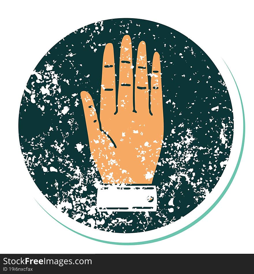 iconic distressed sticker tattoo style image of a hand. iconic distressed sticker tattoo style image of a hand