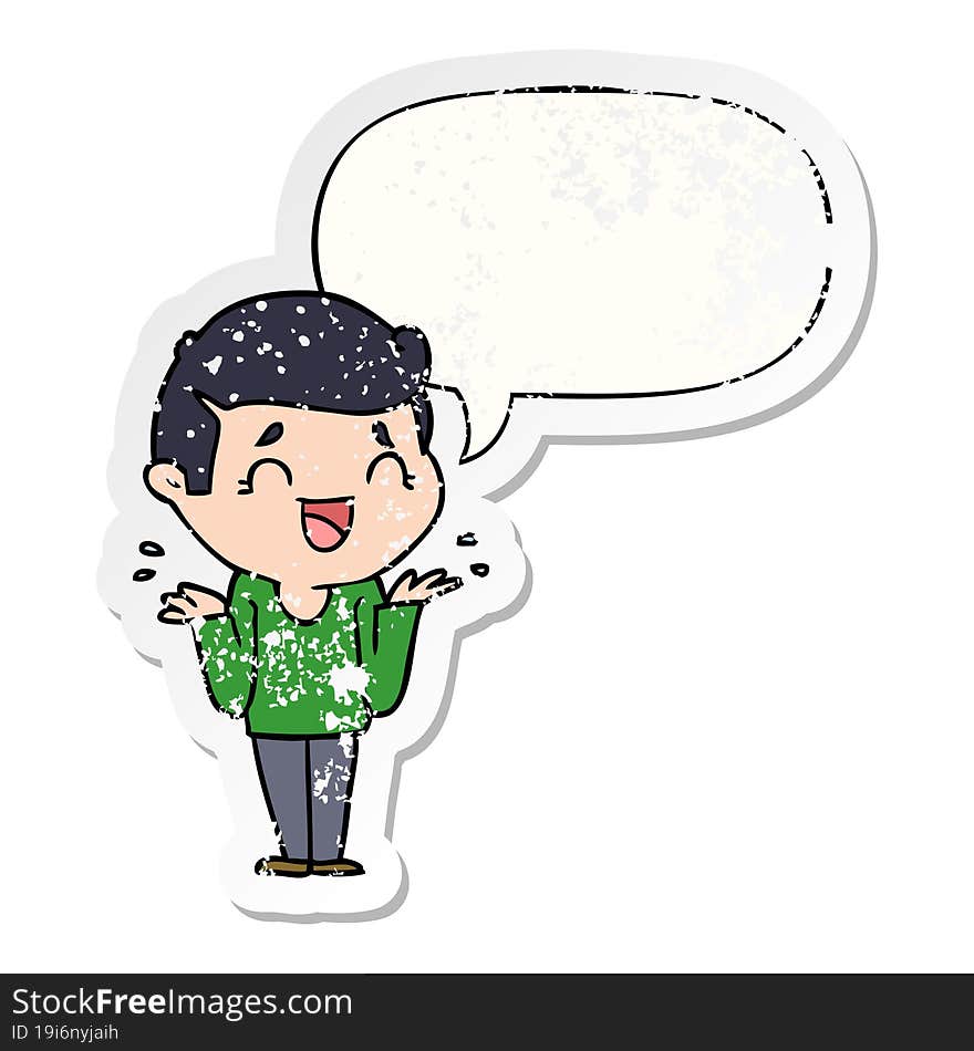 cartoon laughing confused man and speech bubble distressed sticker