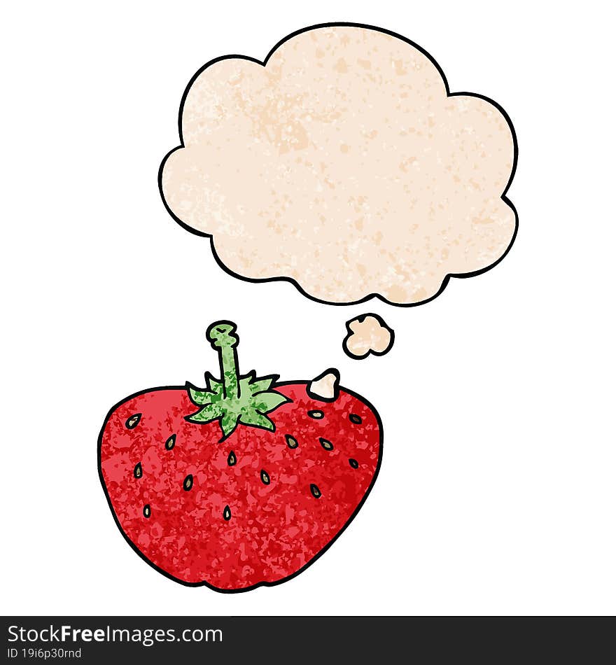 cartoon strawberry and thought bubble in grunge texture pattern style