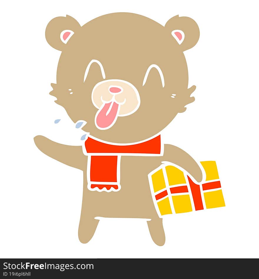 rude flat color style cartoon bear with present