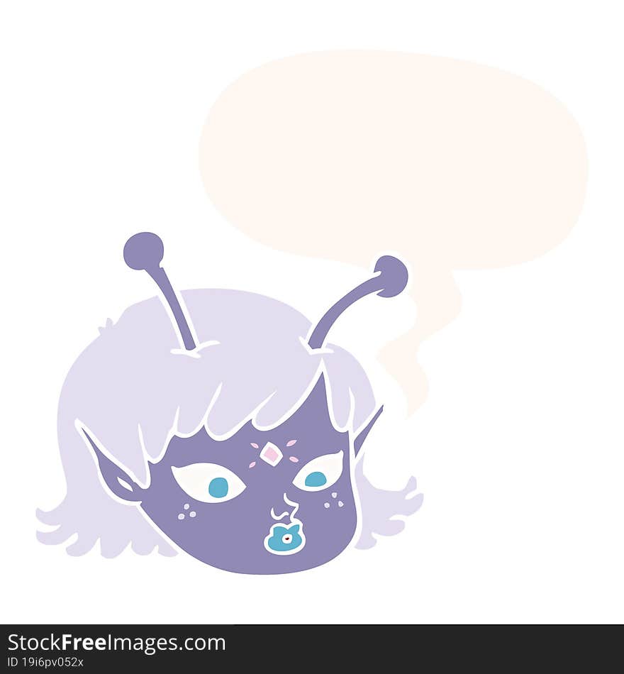 Cartoon Alien Space Girl Face And Speech Bubble In Retro Style