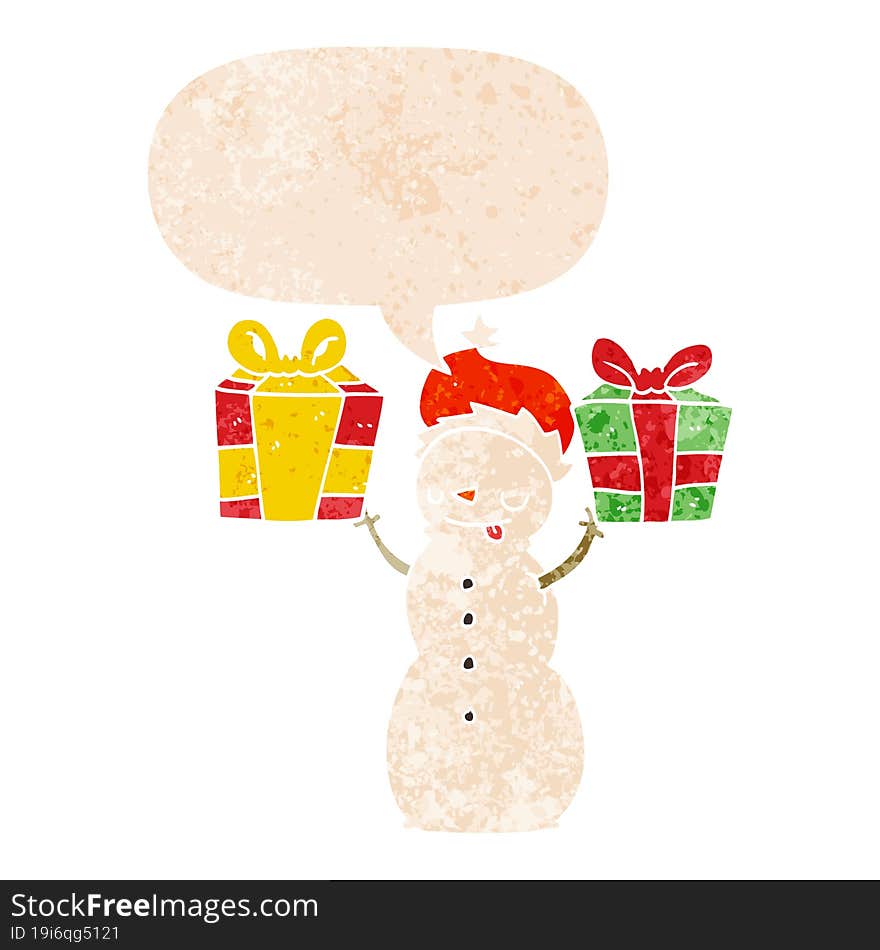 cartoon snowman with present with speech bubble in grunge distressed retro textured style. cartoon snowman with present with speech bubble in grunge distressed retro textured style