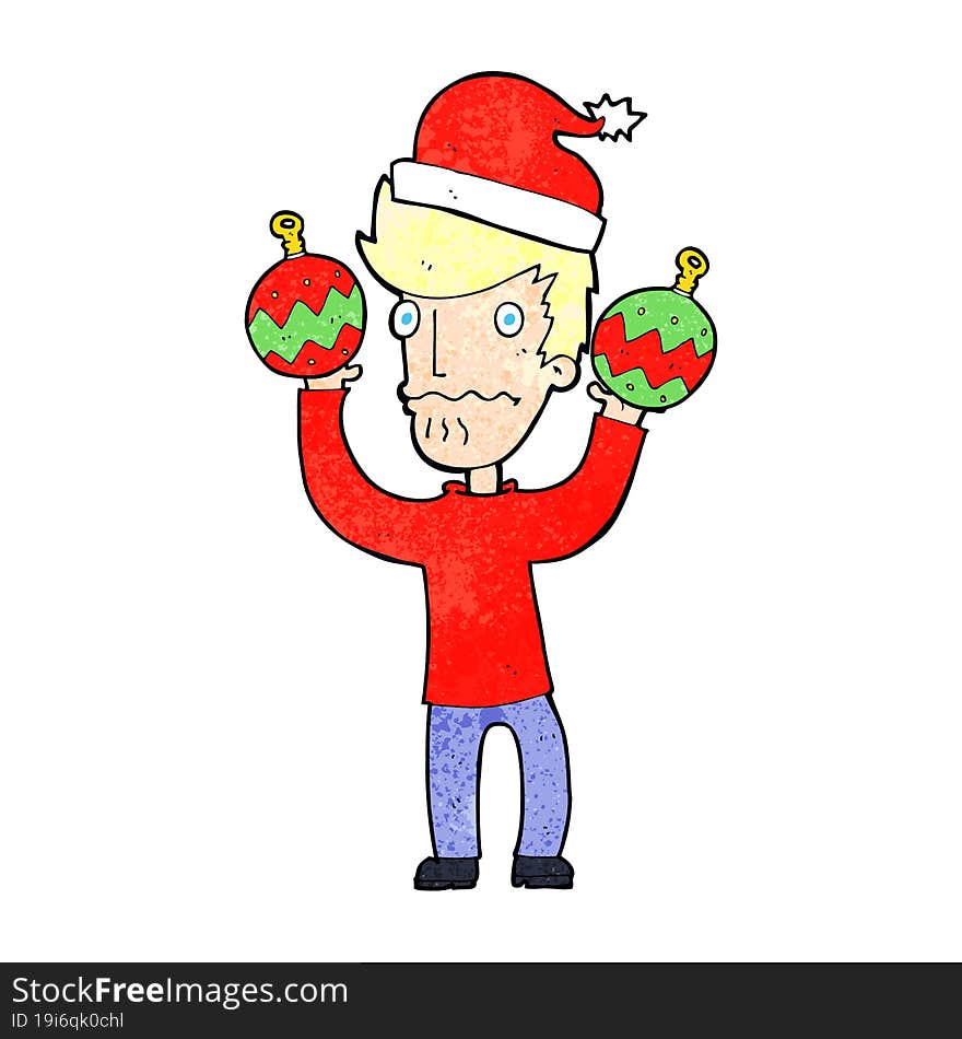 cartoon man with christmas baubles