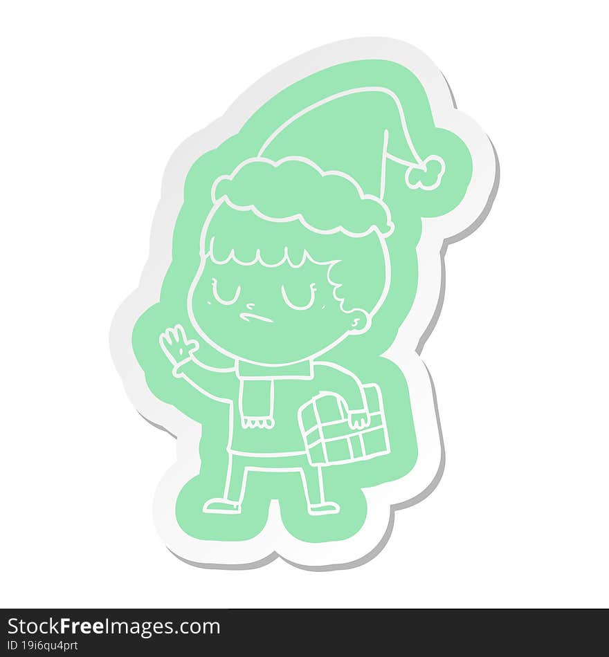 Cartoon  Sticker Of A Grumpy Boy Wearing Santa Hat