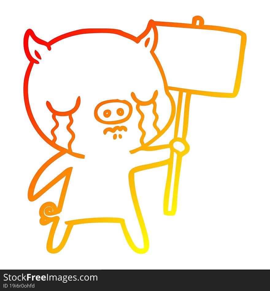 warm gradient line drawing of a cartoon crying pig with sign post