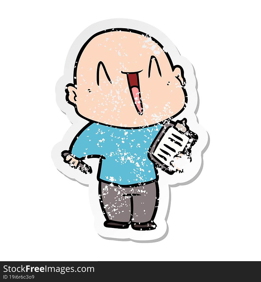 distressed sticker of a happy cartoon bald man