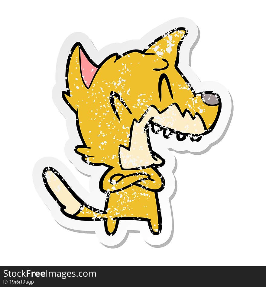 distressed sticker of a laughing fox cartoon