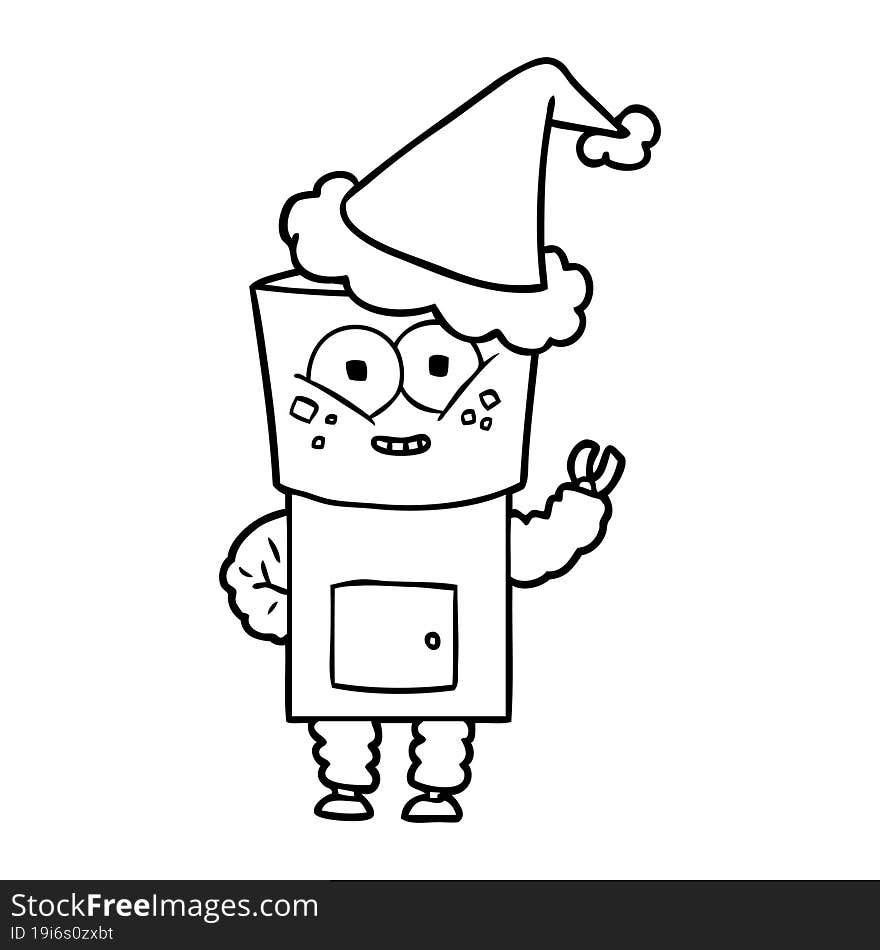 happy line drawing of a robot waving hello wearing santa hat