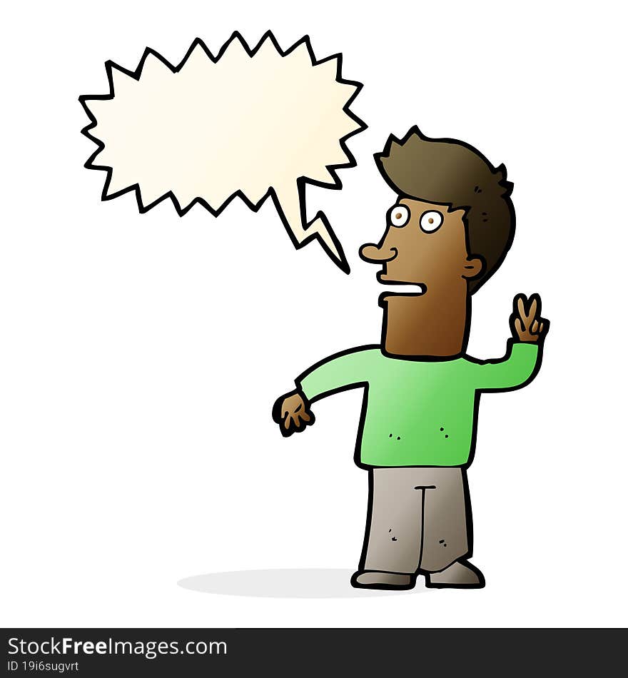 cartoon man making peace sign with speech bubble