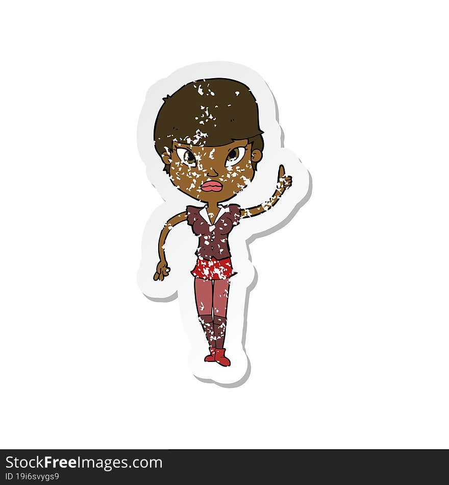 retro distressed sticker of a cartoon woman with idea