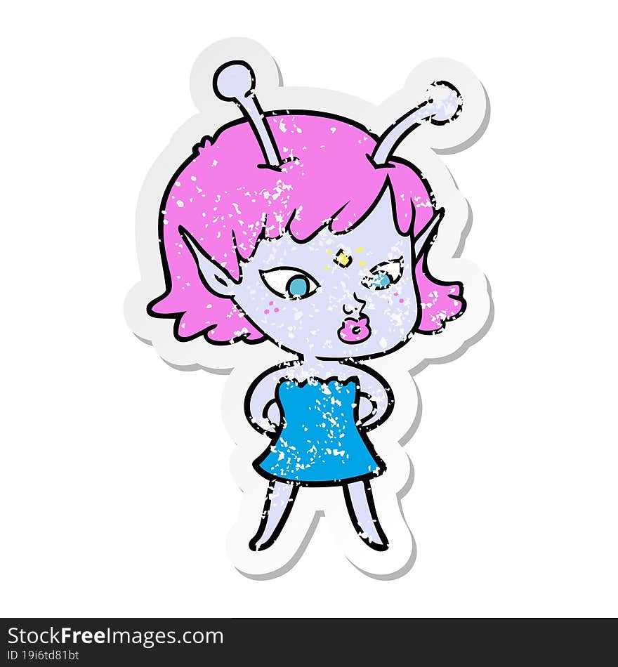 distressed sticker of a pretty cartoon alien girl