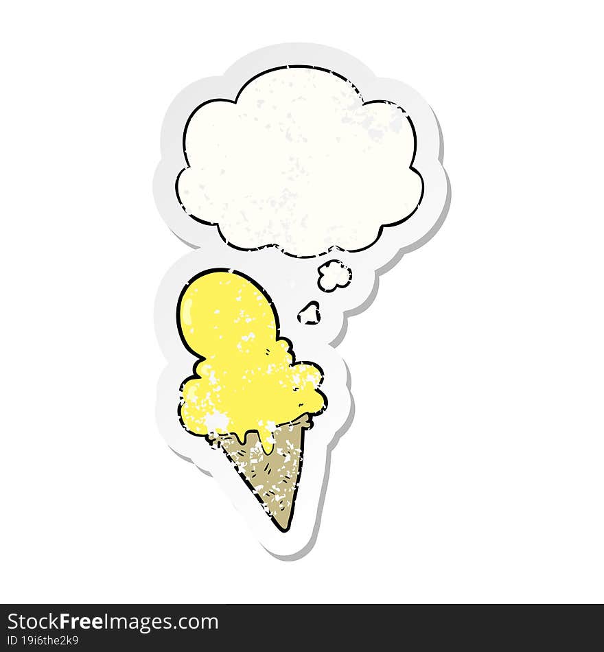 Cartoon Ice Cream And Thought Bubble As A Distressed Worn Sticker