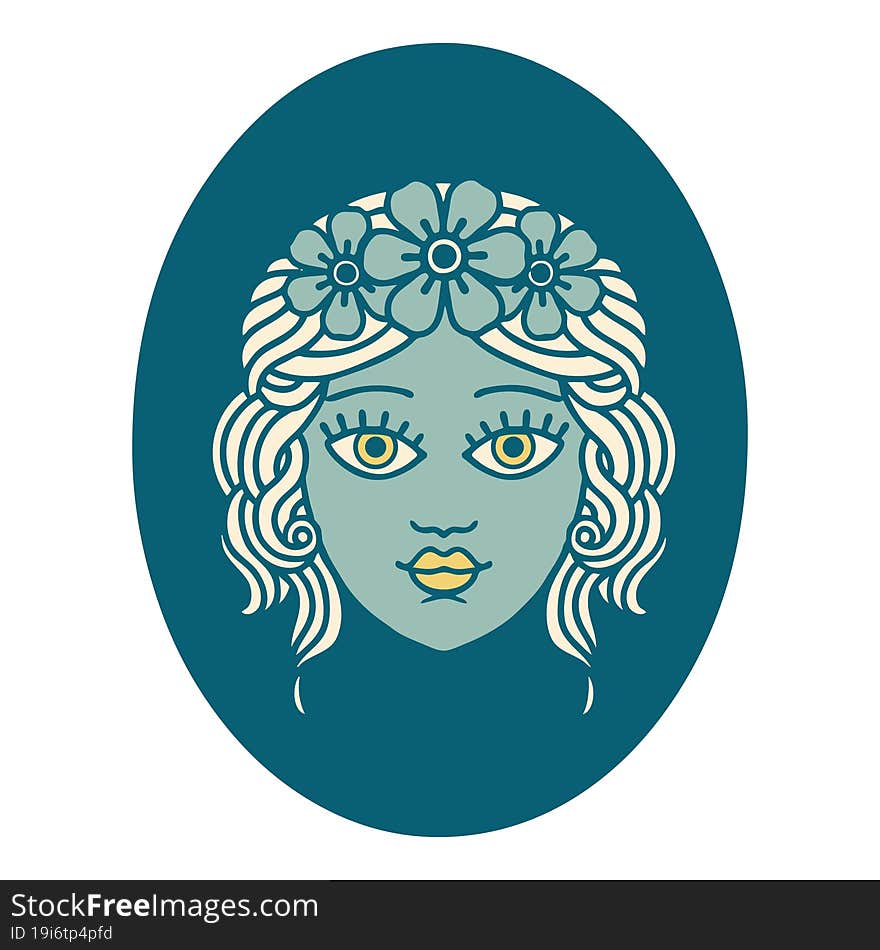 Tattoo Style Icon Of A Maiden With Crown Of Flowers