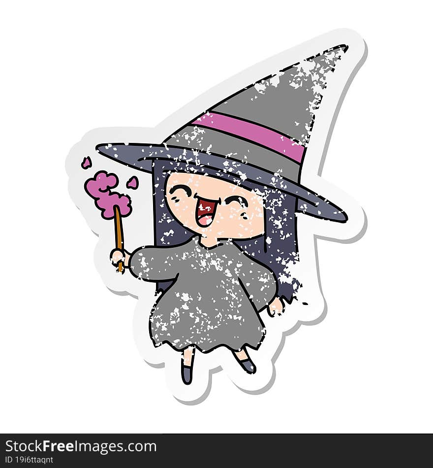 distressed sticker cartoon of cute kawaii witch