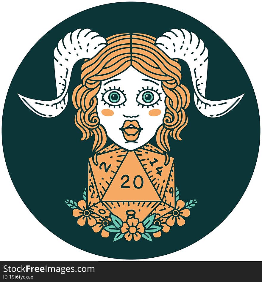 icon of tiefling with D20 natural twenty dice roll. icon of tiefling with D20 natural twenty dice roll