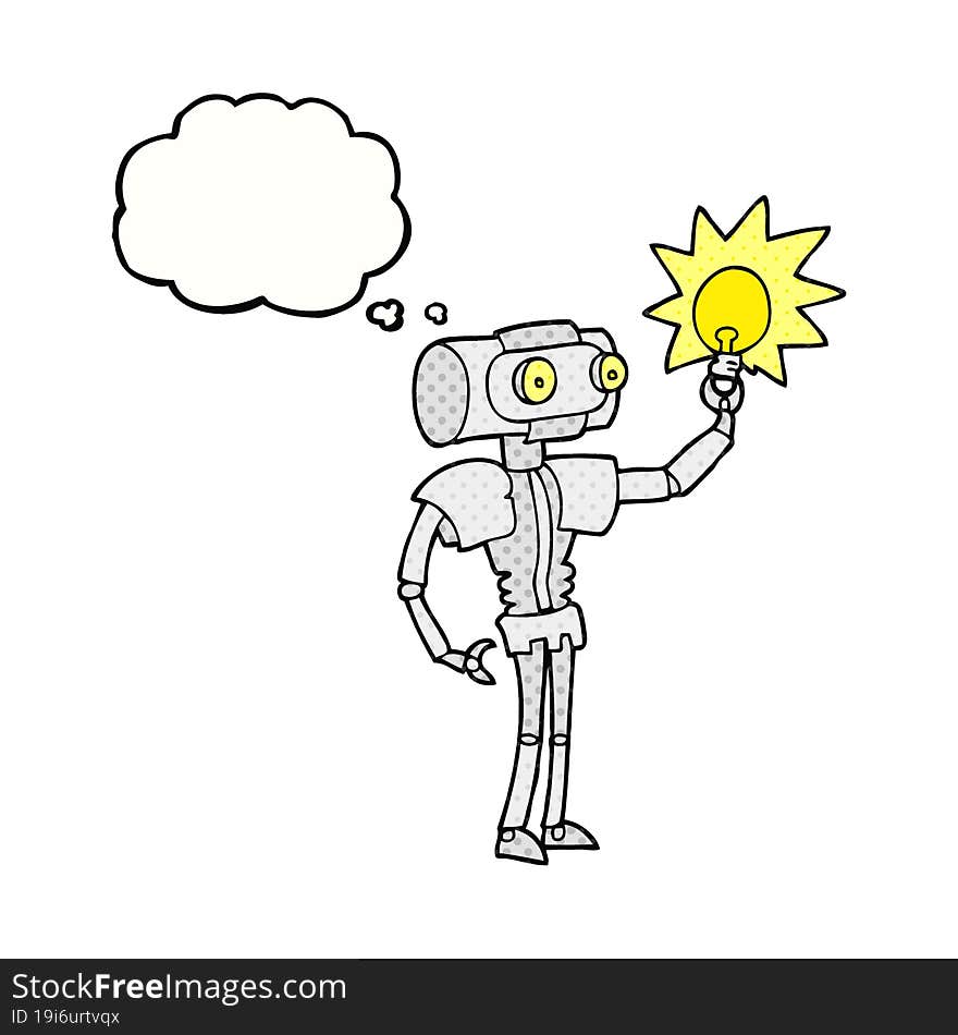 thought bubble cartoon robot with light bulb