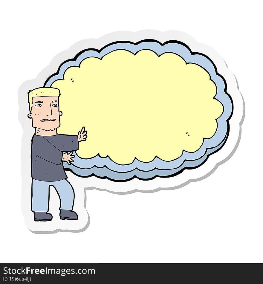 sticker of a cartoon man presenting text space cloud