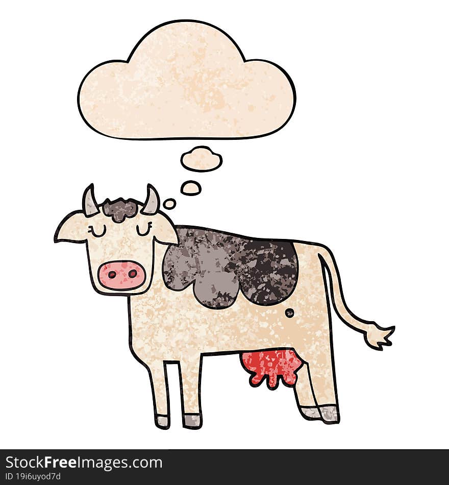 cartoon cow and thought bubble in grunge texture pattern style