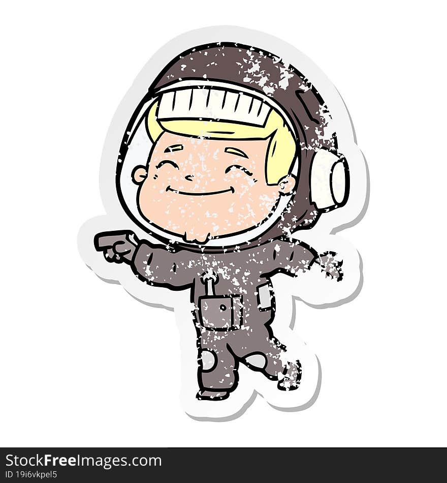 distressed sticker of a happy cartoon astronaut