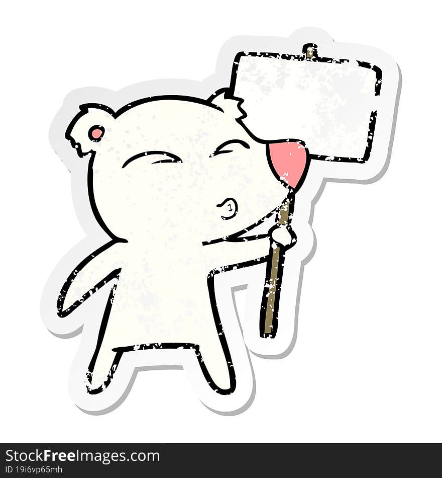 distressed sticker of a cartoon polar bear with placard