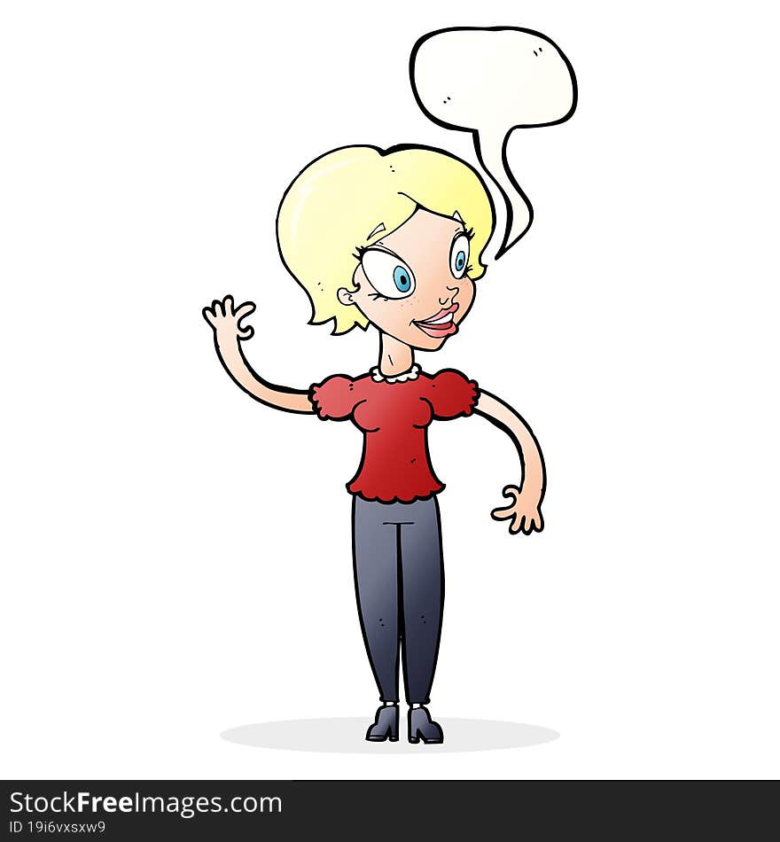 cartoon woman waving with speech bubble