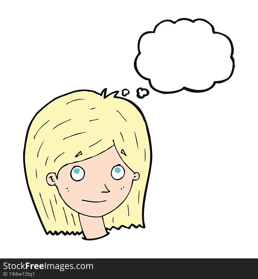 cartoon happy female face with thought bubble