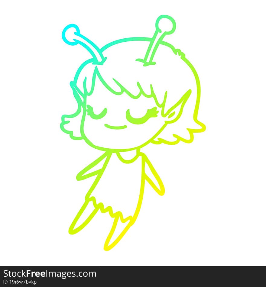 cold gradient line drawing smiling alien girl cartoon floating