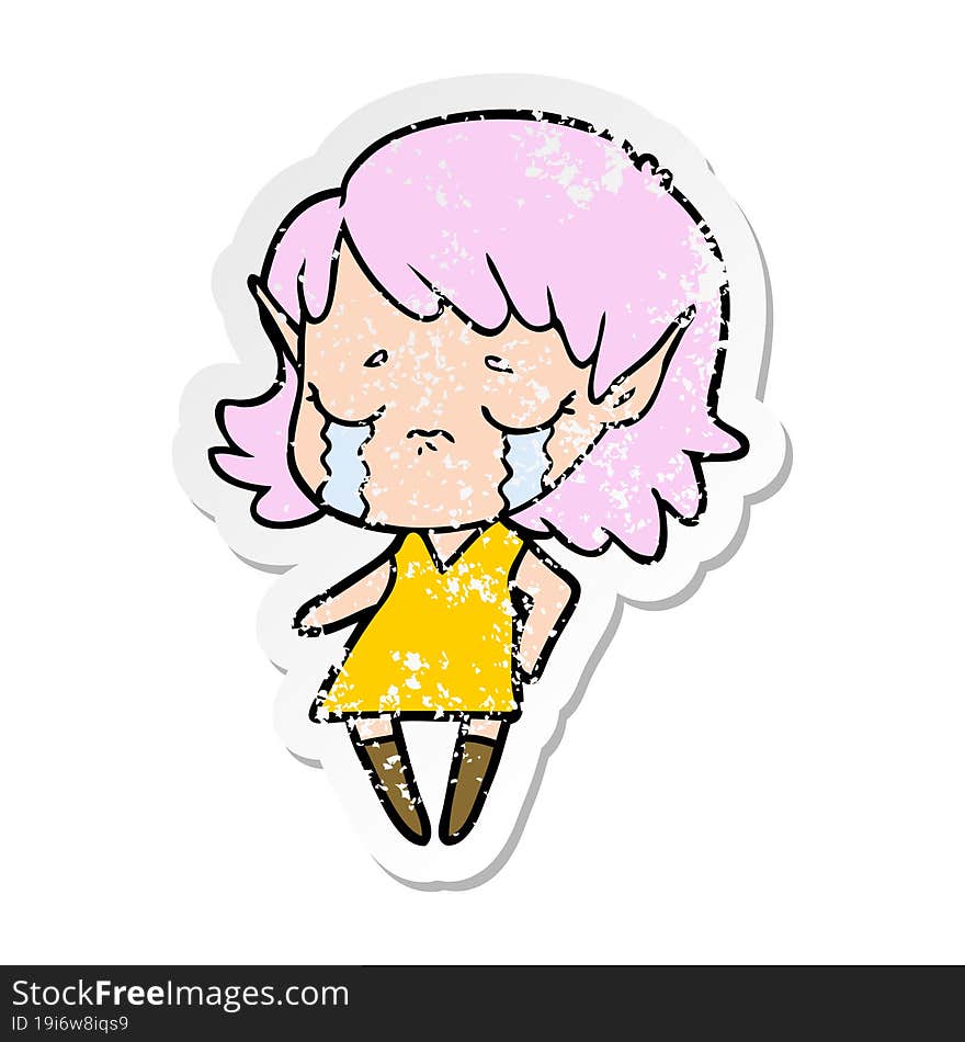 distressed sticker of a crying cartoon elf girl