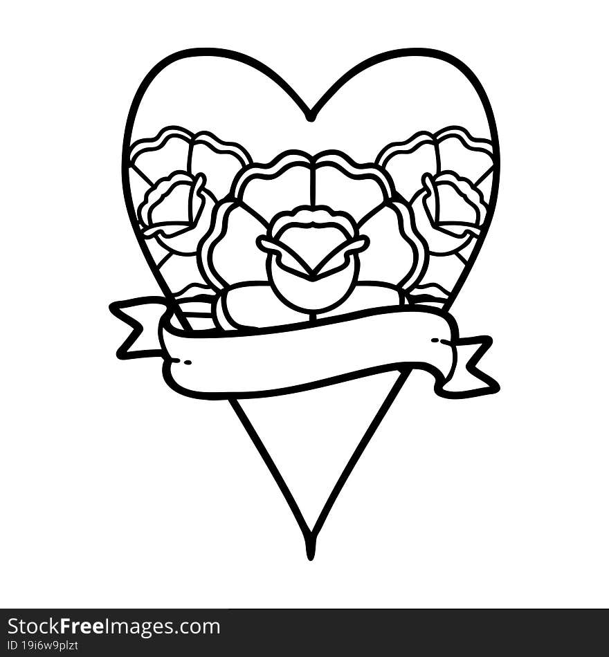 Black Line Tattoo Of A Heart And Banner With Flowers