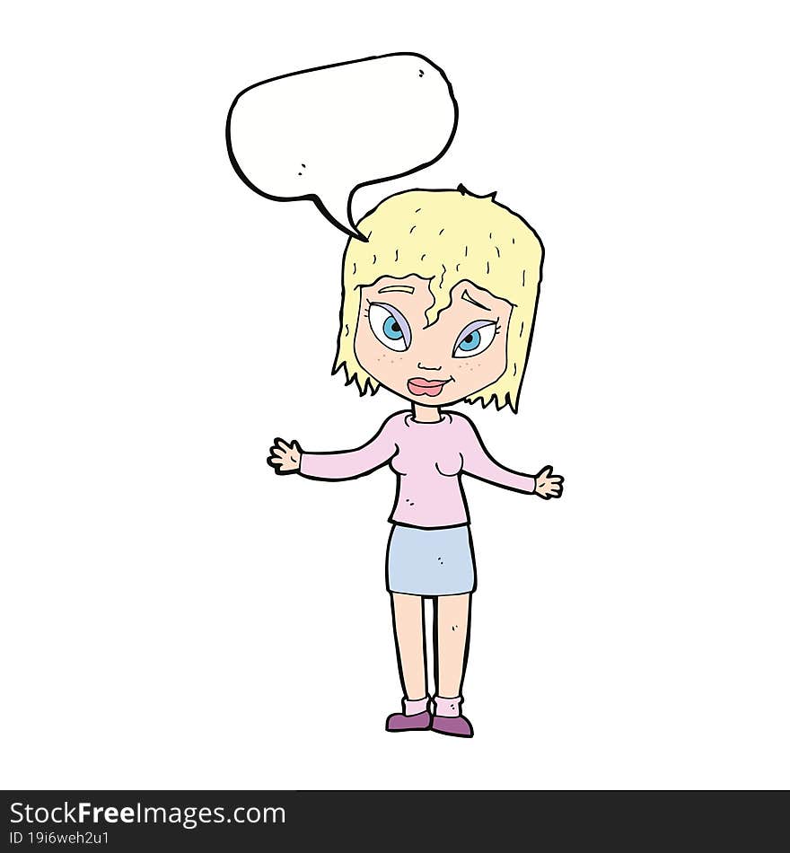 cartoon woman shrugging shoulders with speech bubble