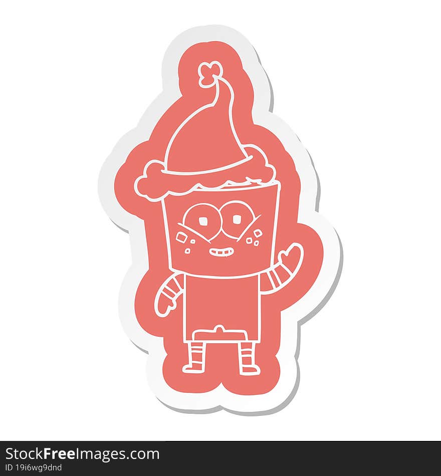 Happy Cartoon  Sticker Of A Robot Waving Hello Wearing Santa Hat