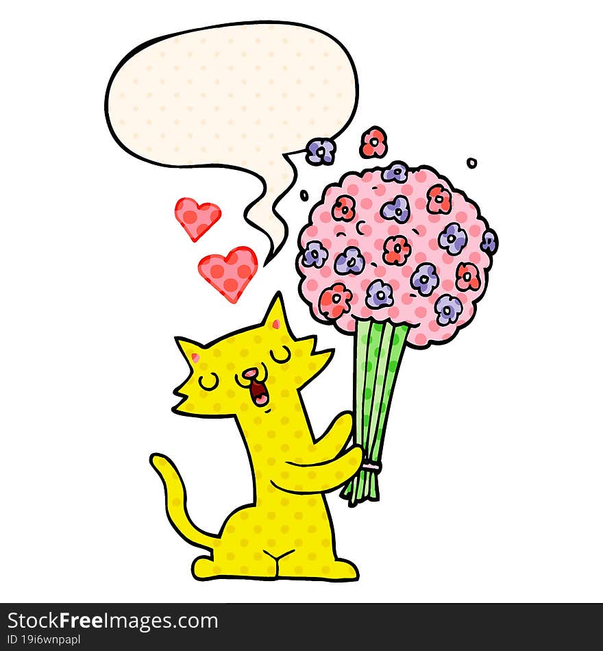 Cartoon Cat In Love And Flowers And Speech Bubble In Comic Book Style