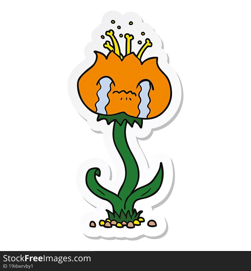 sticker of a cartoon flower crying