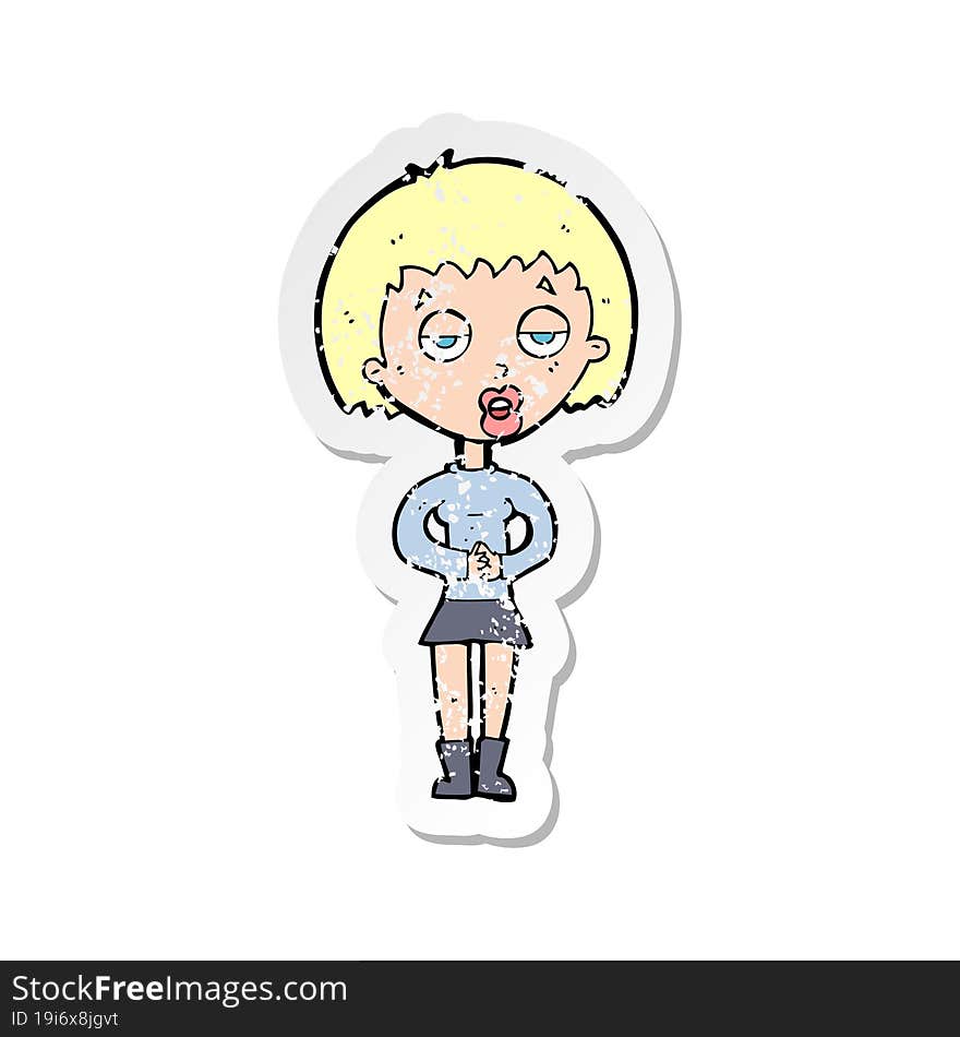 Retro Distressed Sticker Of A Cartoon Bored Woman Waiting