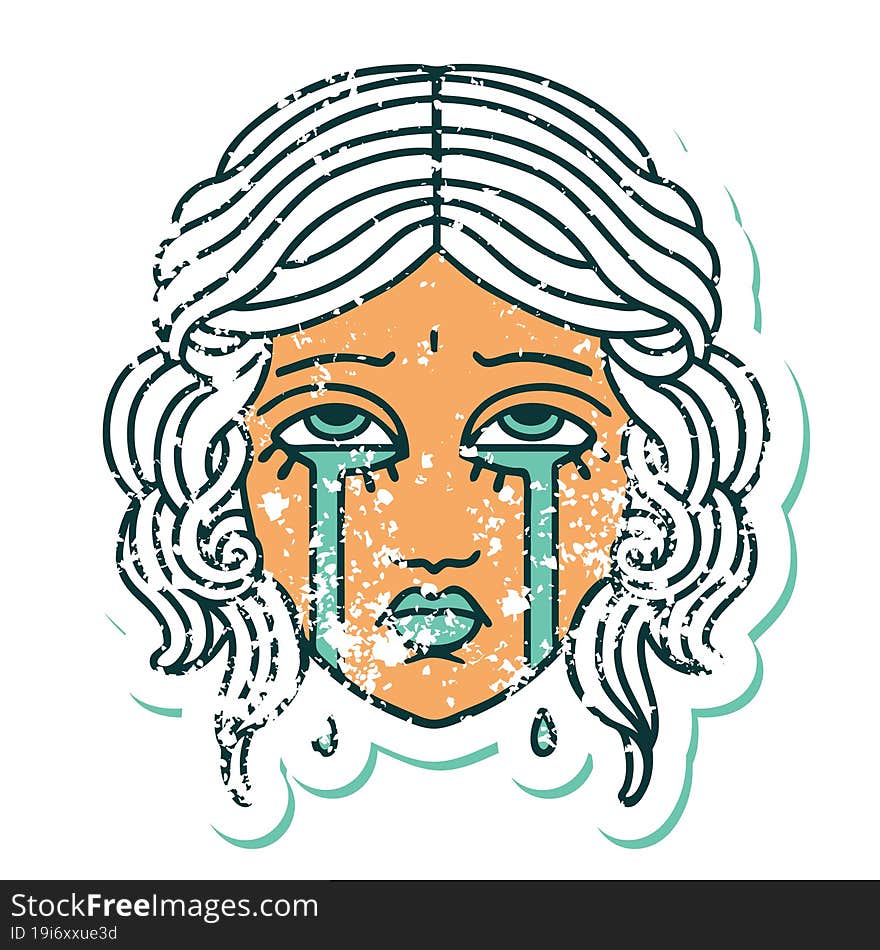 Distressed Sticker Tattoo Style Icon Of Female Face Crying