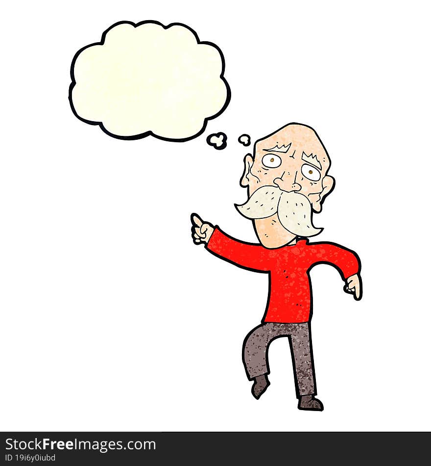 cartoon sad old man pointing with thought bubble