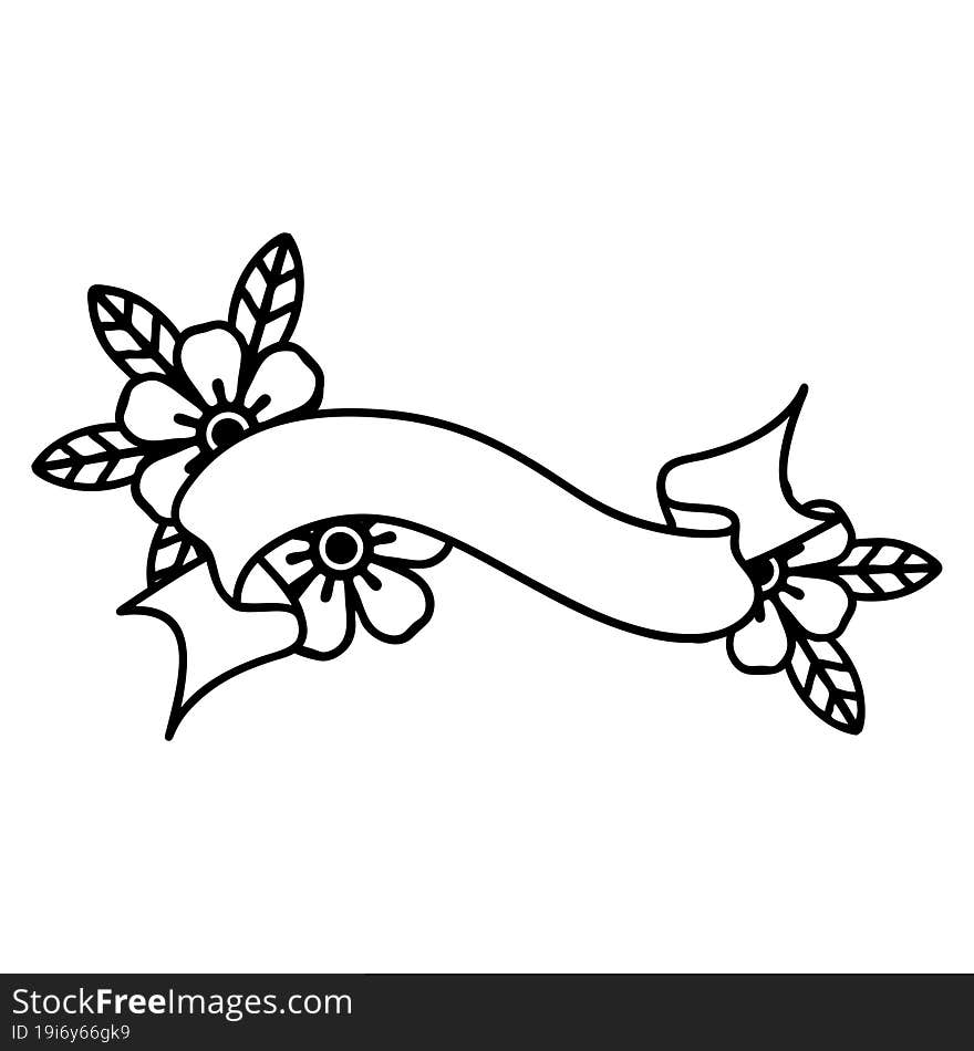 Black Line Tattoo Of A Banner And Flowers