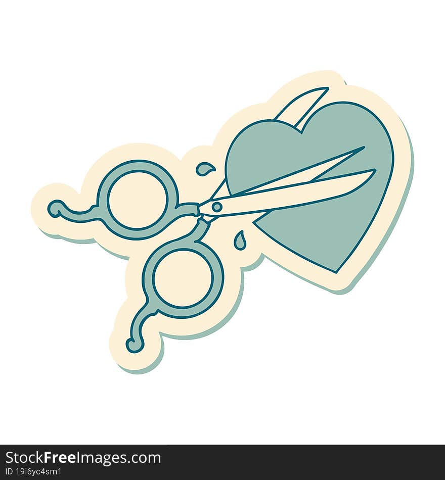 sticker of tattoo in traditional style of scissors cutting a heart. sticker of tattoo in traditional style of scissors cutting a heart