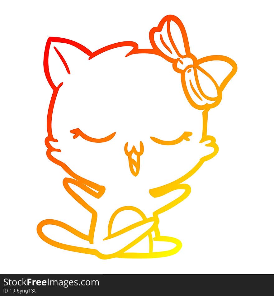 warm gradient line drawing cartoon cat with bow on head