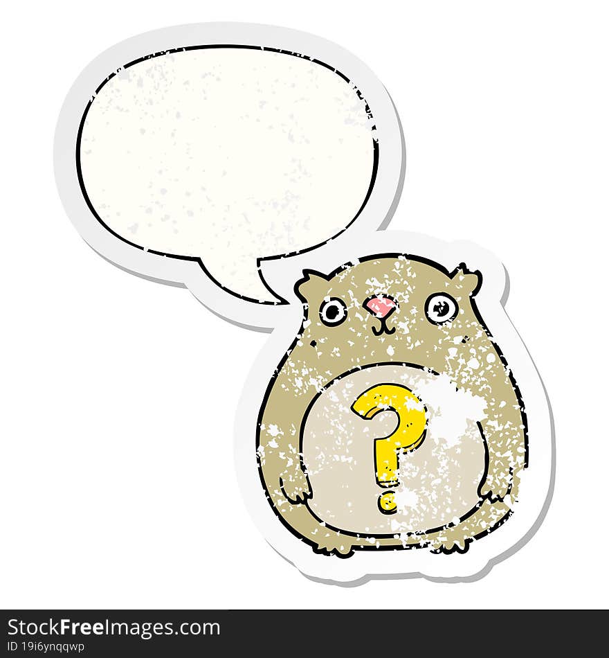 cartoon curious bear and speech bubble distressed sticker