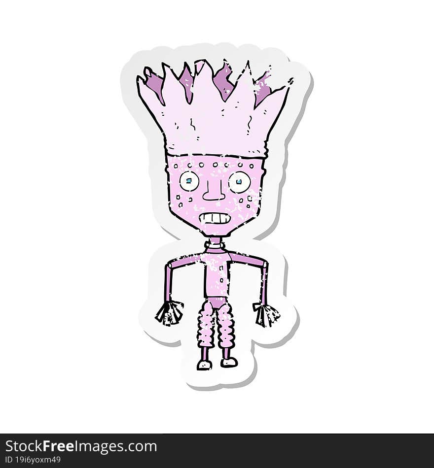 retro distressed sticker of a funny cartoon robot wearing crown